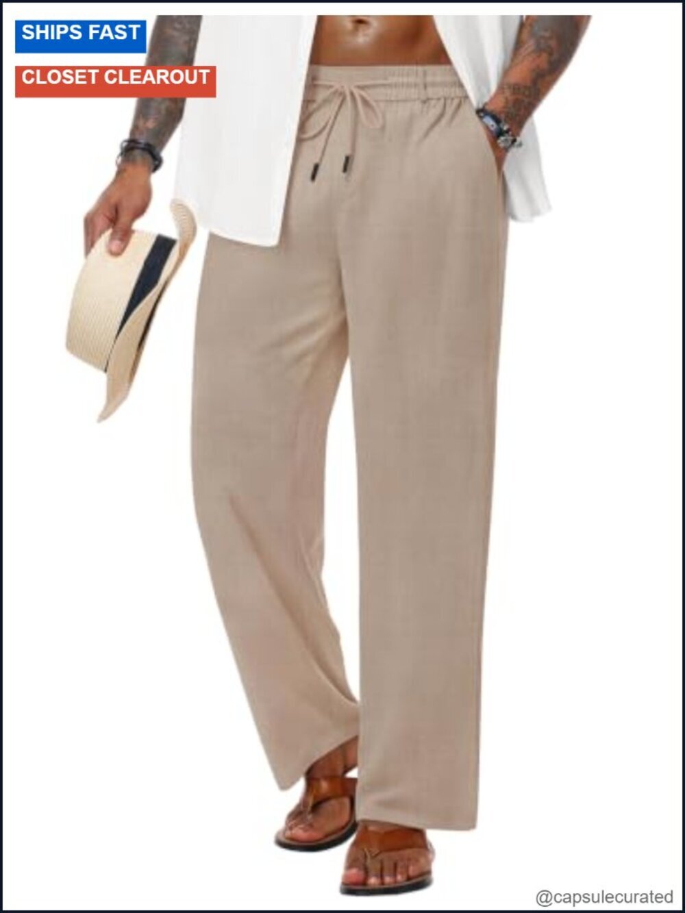 Men's Cotton Linen Pants Elastic Drawstring Waist Casual Summer Beach Trousers